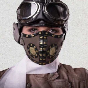Male model wearing steampunk biker mask with flying goggles helmet, front half-body view showcasing brown faux leather construction and bronze metal rivets