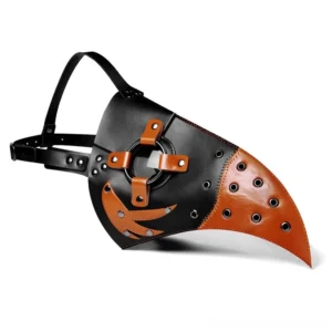 Right side profile view of steampunk bird mask highlighting adjustable leather head strap, metal buckle fastener, and perforated beak details