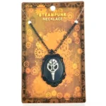 Steampunk bird skull necklace with ornate black metal pendant and chain displayed on retail packaging with industrial gear motif, front view