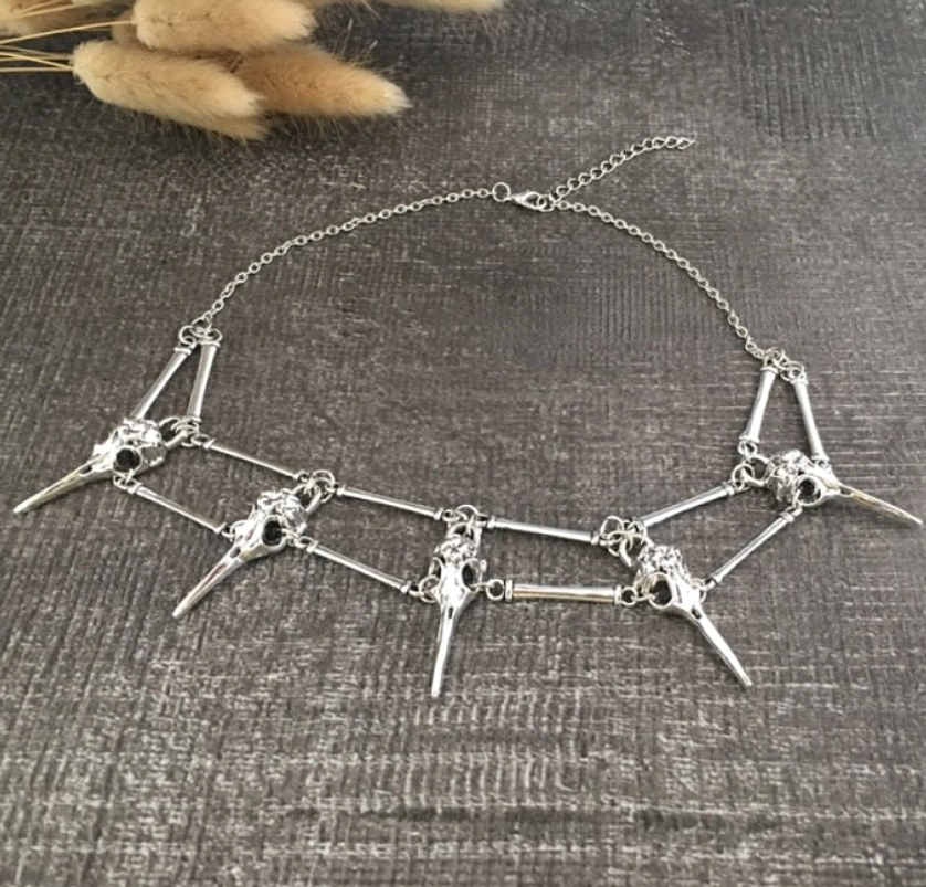 Steampunk bird skull necklace overhead view with adjustable chain, raven skull charms on textured vintage surface with dried plants aesthetic