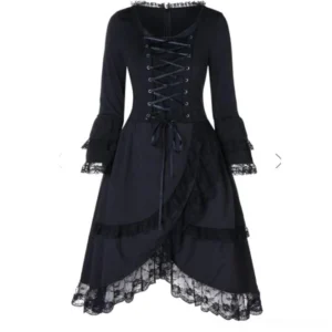 Black gothic steampunk dress flat lay front view showing lace-up corset front, asymmetrical lace hem, and structural lace details
