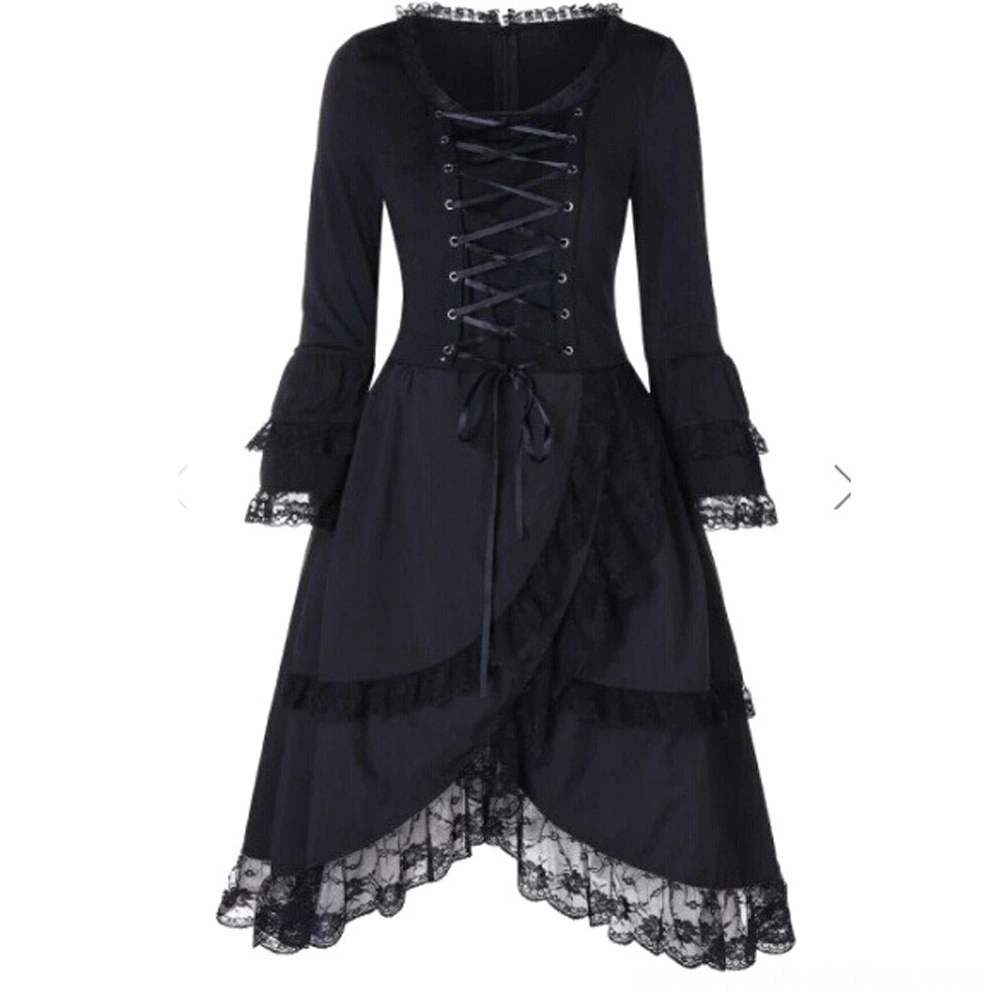 Black gothic steampunk dress flat lay front view showing lace-up corset front, asymmetrical lace hem, and structural lace details