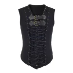 Black steampunk lace-up leather vest with dual bronze buckles and rivet decorations, front flat lay display