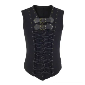 Black steampunk lace-up leather vest with dual bronze buckles and rivet decorations, front flat lay display