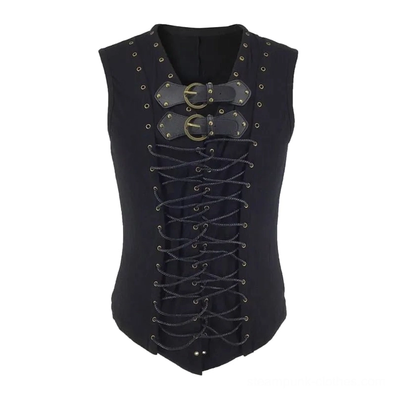 Black steampunk lace-up leather vest with dual bronze buckles and rivet decorations, front flat lay display