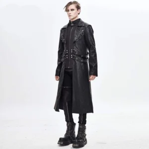 Black steampunk faux leather trench coat three-quarter view with platform boots styled look