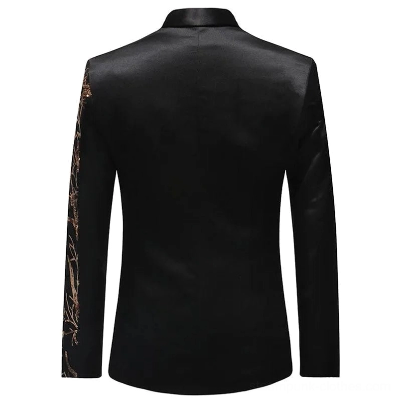 Back view of steampunk blazer featuring solid black satin panel with sequin trim detailing