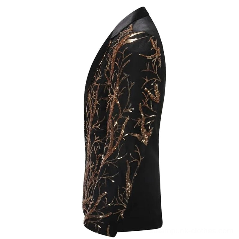 Left side view of black and gold steampunk blazer showing slim tailored cut and sequin decoration