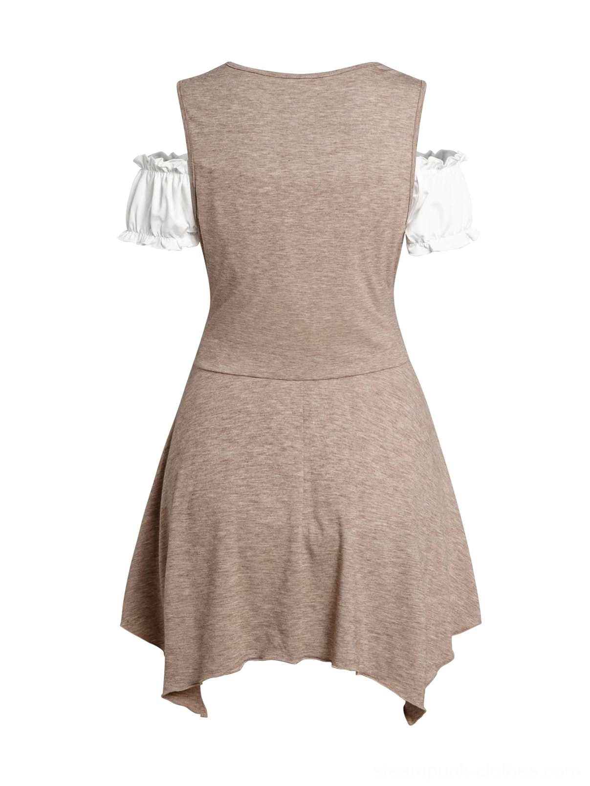 Steampunk two-piece top set back view featuring solid brown panel and clean tailoring with irregular hem