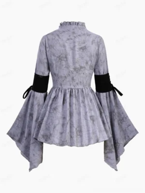 Purple steampunk blouse back view - peplum hem and lace-up sleeve accents detail shot