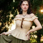 Beige steampunk off-shoulder cotton blouse with brown lace-up front, smocked waist, and ruffled collar - vintage inspired Victorian style