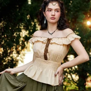 Beige steampunk off-shoulder cotton blouse with brown lace-up front, smocked waist, and ruffled collar - vintage inspired Victorian style