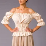 Beige off-shoulder steampunk blouse with ruched waist and puff sleeves front view