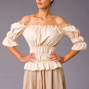 Beige off-shoulder steampunk blouse with ruched waist and puff sleeves front view