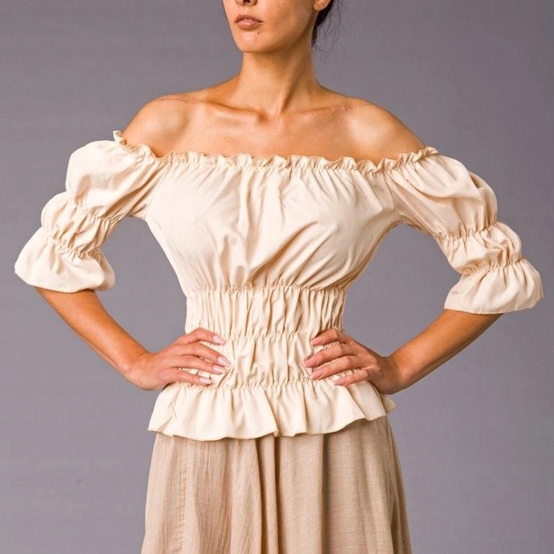 Beige off-shoulder steampunk blouse with ruched waist and puff sleeves front view