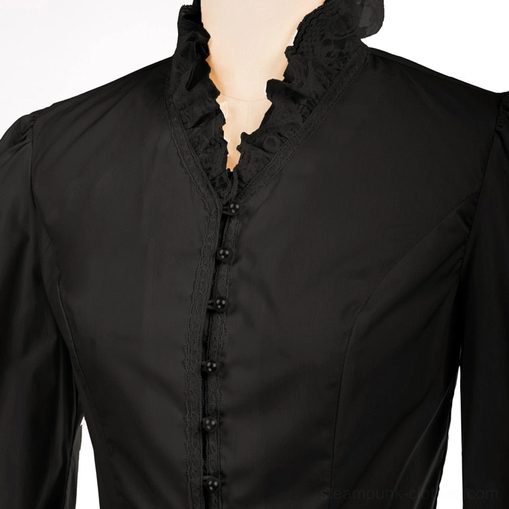 Close-up detail of steampunk blouse ruffled V-neck collar and front button trim