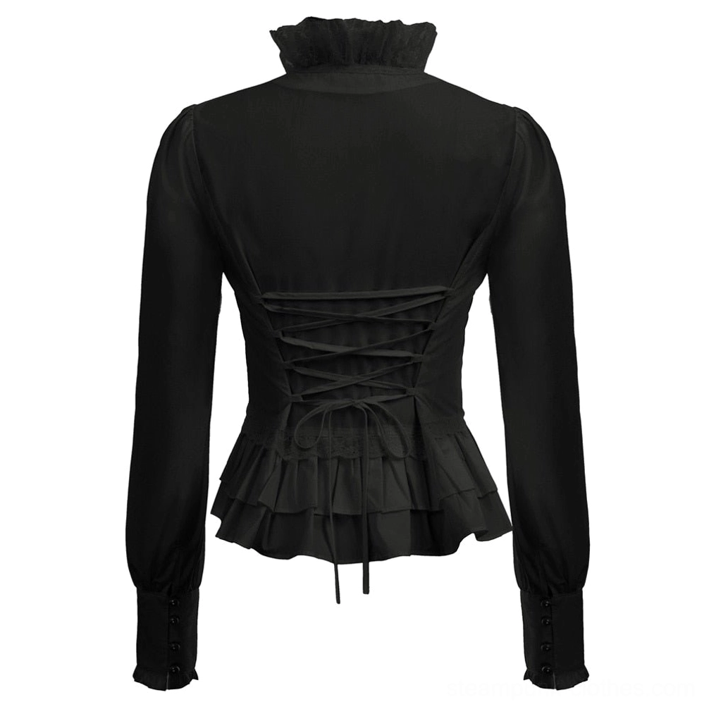 Steampunk blouse black back view showing lace-up corset back detail and ruffled peplum