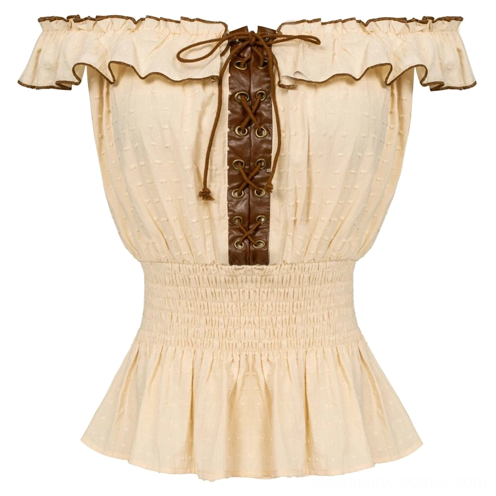 Beige steampunk blouse flat lay featuring brown lace-up trim, smocked waist, ruffled collar detail - studio shot