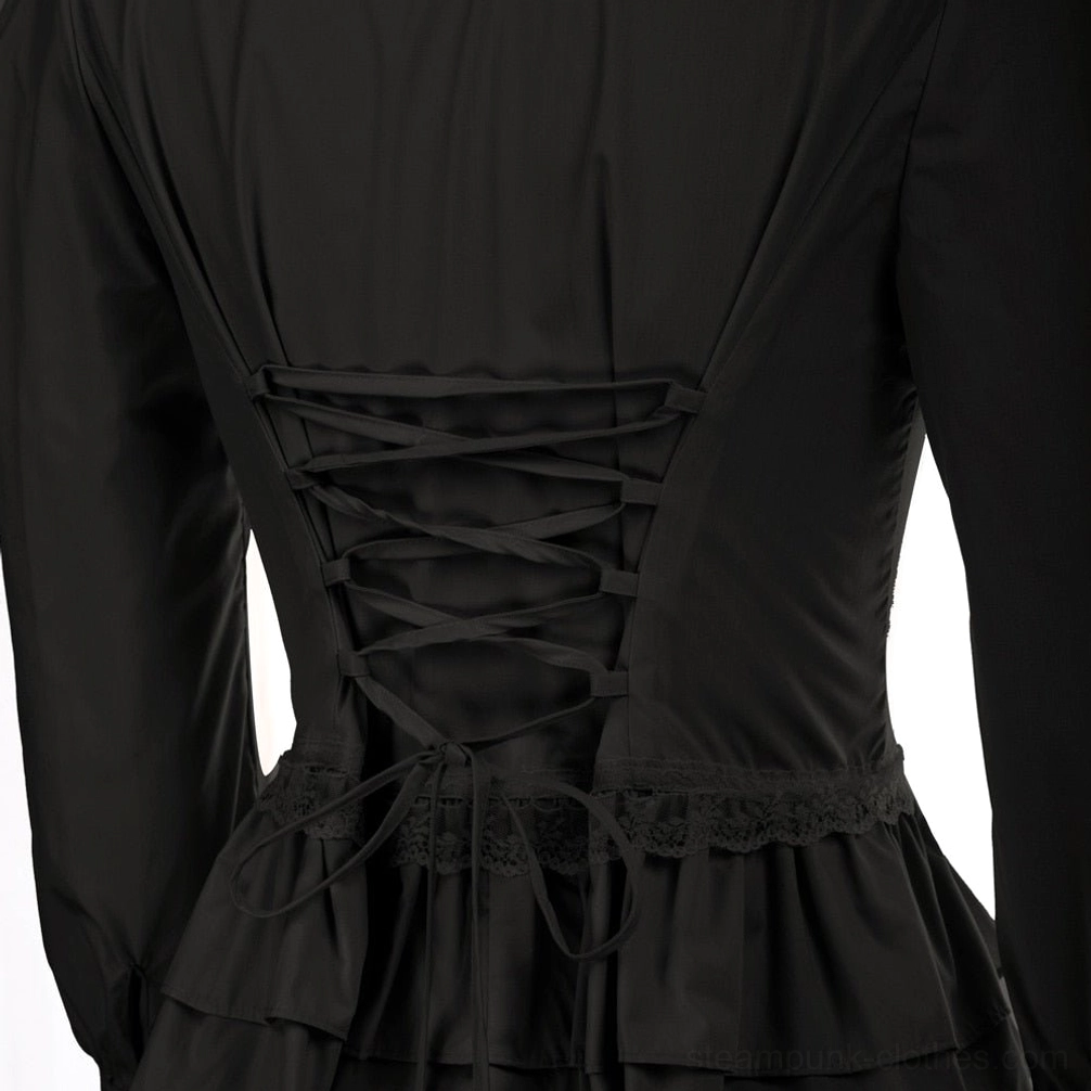 Steampunk blouse back detail showing adjustable lace-up corset panel and ruffled hem texture