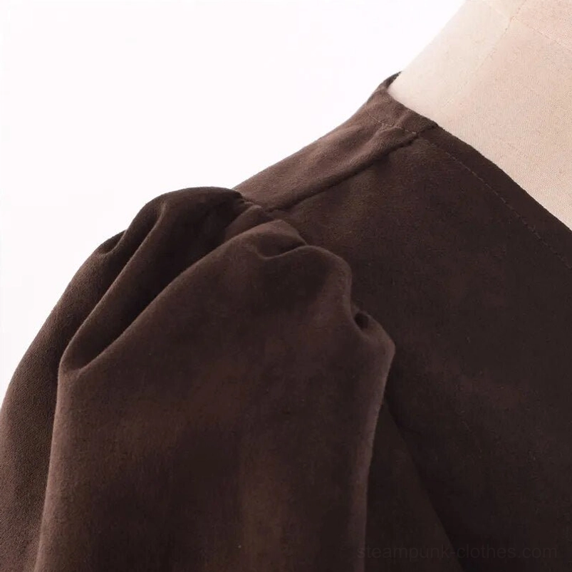 Steampunk palace blouse sleeve detail - gathered puff sleeve construction, dark brown matte suedette fabric, professional seam stitching
