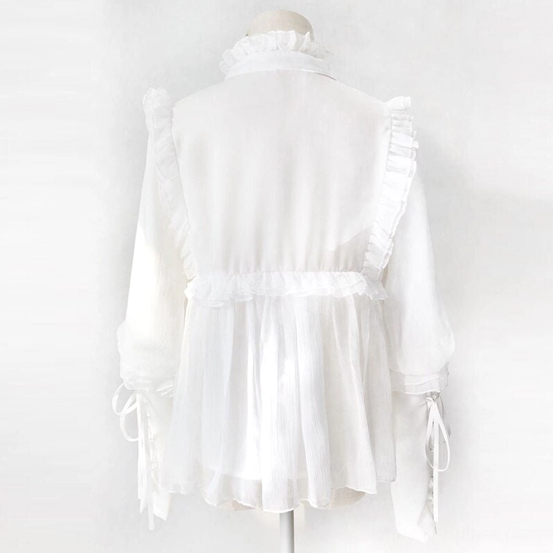 Steampunk blouse styled on mannequin demonstrating babydoll silhouette and romantic gothic aesthetic with period-appropriate accessories
