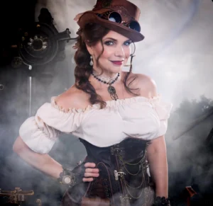 White Victorian steampunk off-shoulder blouse with ruffles paired with vintage corset on model