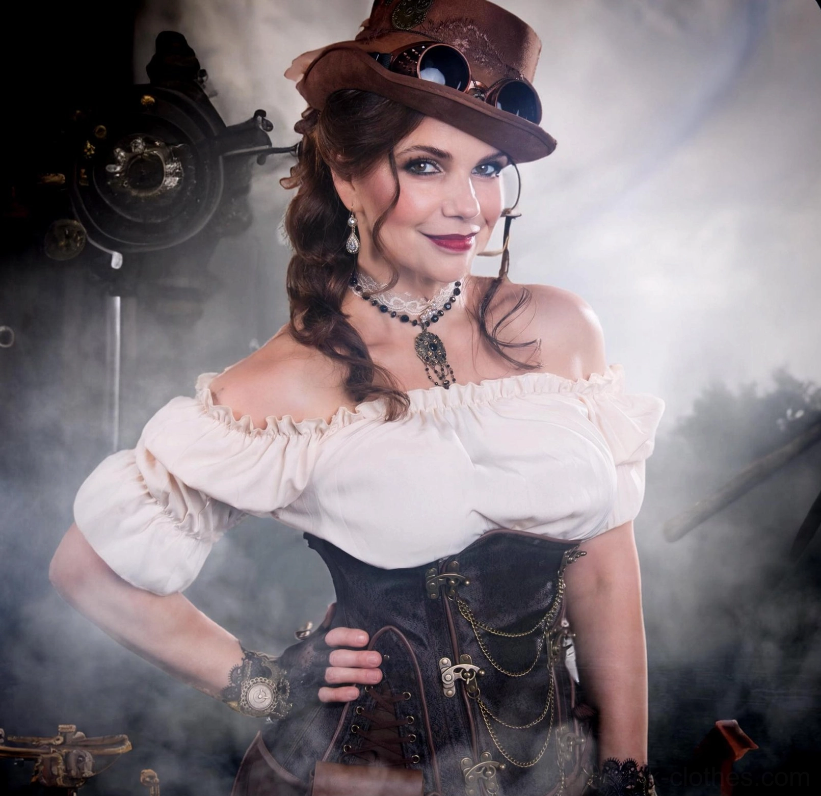 White Victorian steampunk off-shoulder blouse with ruffles paired with vintage corset on model