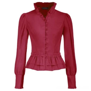 Burgundy wine steampunk blouse with ruffled collar and front button placket detail