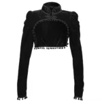 Black velvet steampunk bolero with mandarin collar and pom-pom trim, front full view showcasing hollow bust cutout and ornamental Chinese knot fastener