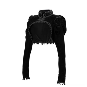 Steampunk bolero front angled perspective displaying puffed sleeves, mandarin collar detail, and Chinese knot ornament on black velvet fabric