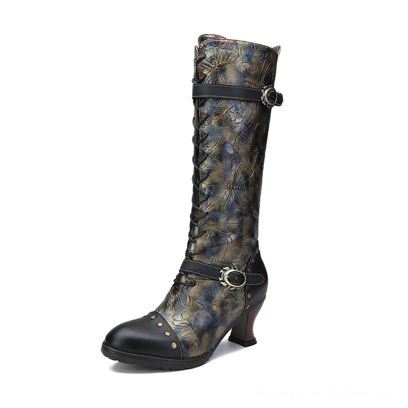 Single ladies steampunk mid-calf boot with embossed floral design, lace-up closure, and metal buckles - isolated view