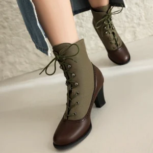 Steampunk Victorian boot side profile - olive green canvas and dark brown leather combination, block high heel, adjustable lace closure