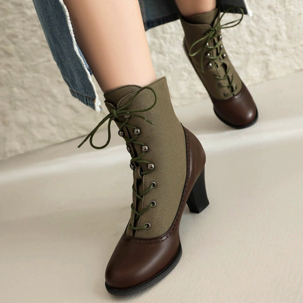 Steampunk Victorian boot side profile - olive green canvas and dark brown leather combination, block high heel, adjustable lace closure