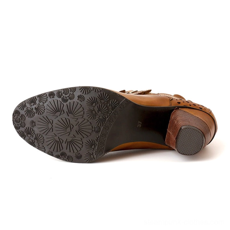 Steampunk ankle boot sole and heel detail showing patterned non-slip rubber outsole tread, stacked wooden block heel construction, and heavy-duty sole engineering