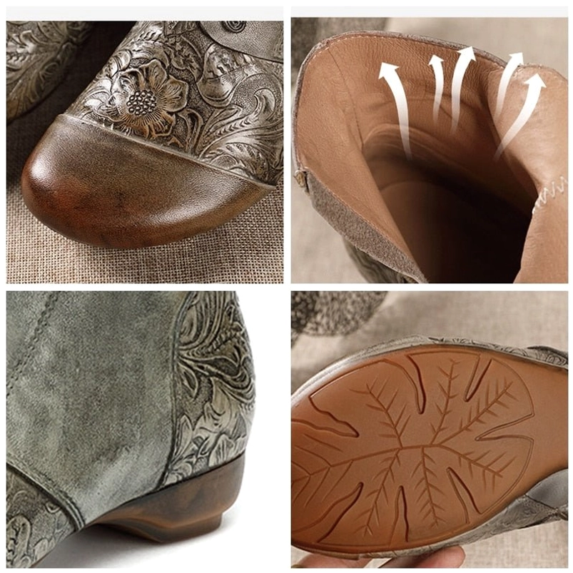 Close-up detail of steampunk boot toe cap showing brown leather and floral embossing pattern