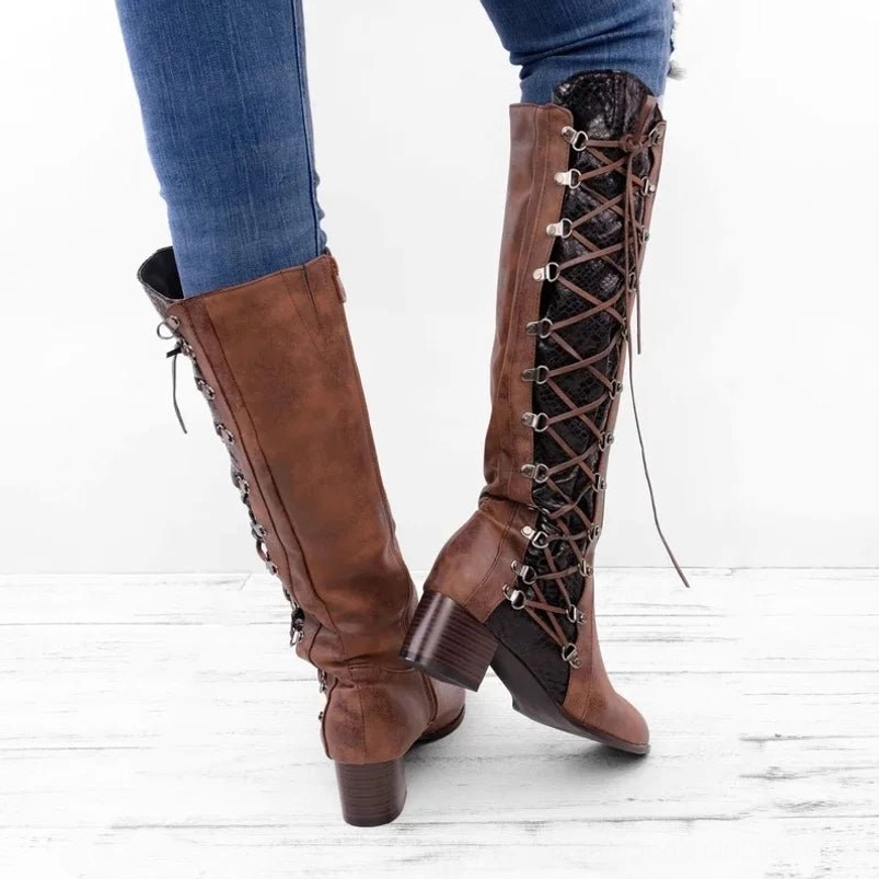 Weathered brown distressed leather steampunk boots rear close-up detail, highlighting functional metal eyelets, adjustable side lace-up system, sturdy block heel, and authentic vintage patina finish