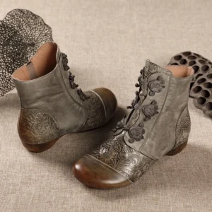 Pair of steampunk ankle boots displayed flat lay, showing distressed leather texture and hidden side zipper detail