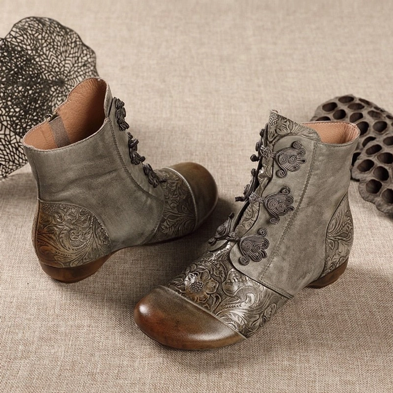 Pair of steampunk ankle boots displayed flat lay, showing distressed leather texture and hidden side zipper detail