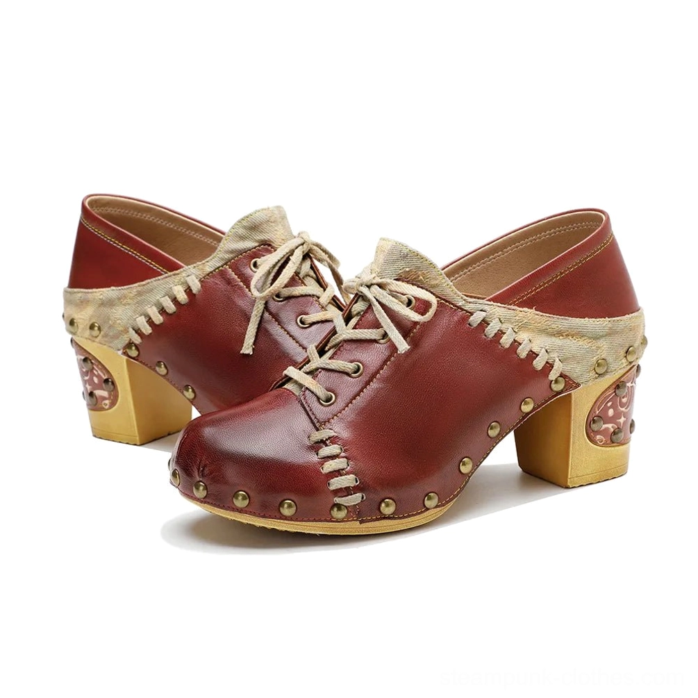 Steampunk fold-down collar heel boots with engraved floral wooden heels, angled front perspective