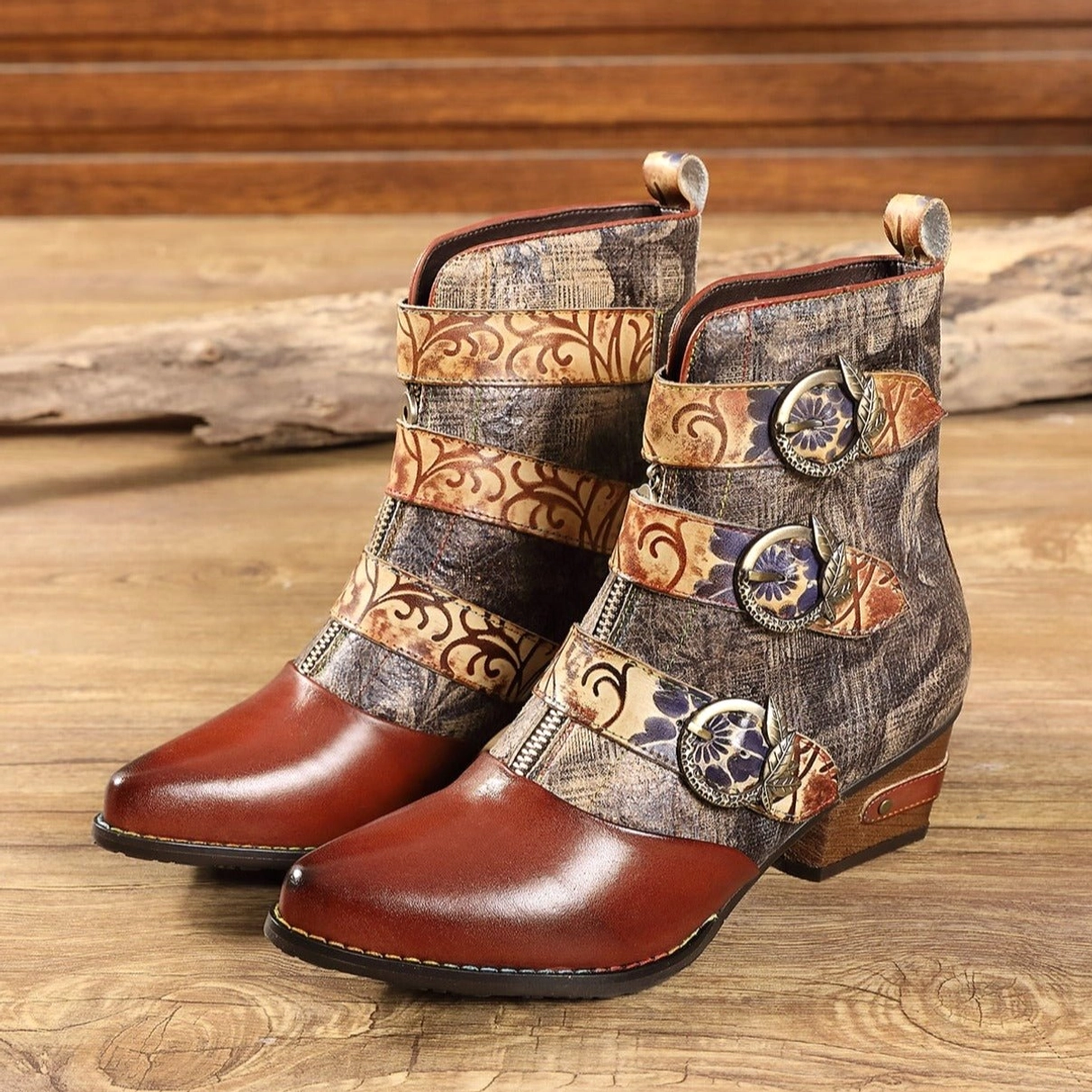 Vintage steampunk ankle boots front view with two-tone leather, embossed floral straps and decorative metal buckles - steampunk shoes for women