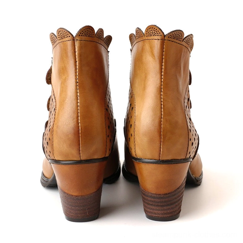 Steampunk leather ankle boots rear view showing scalloped heel collar detail, stacked wooden block heel construction, and tan brown leather finish