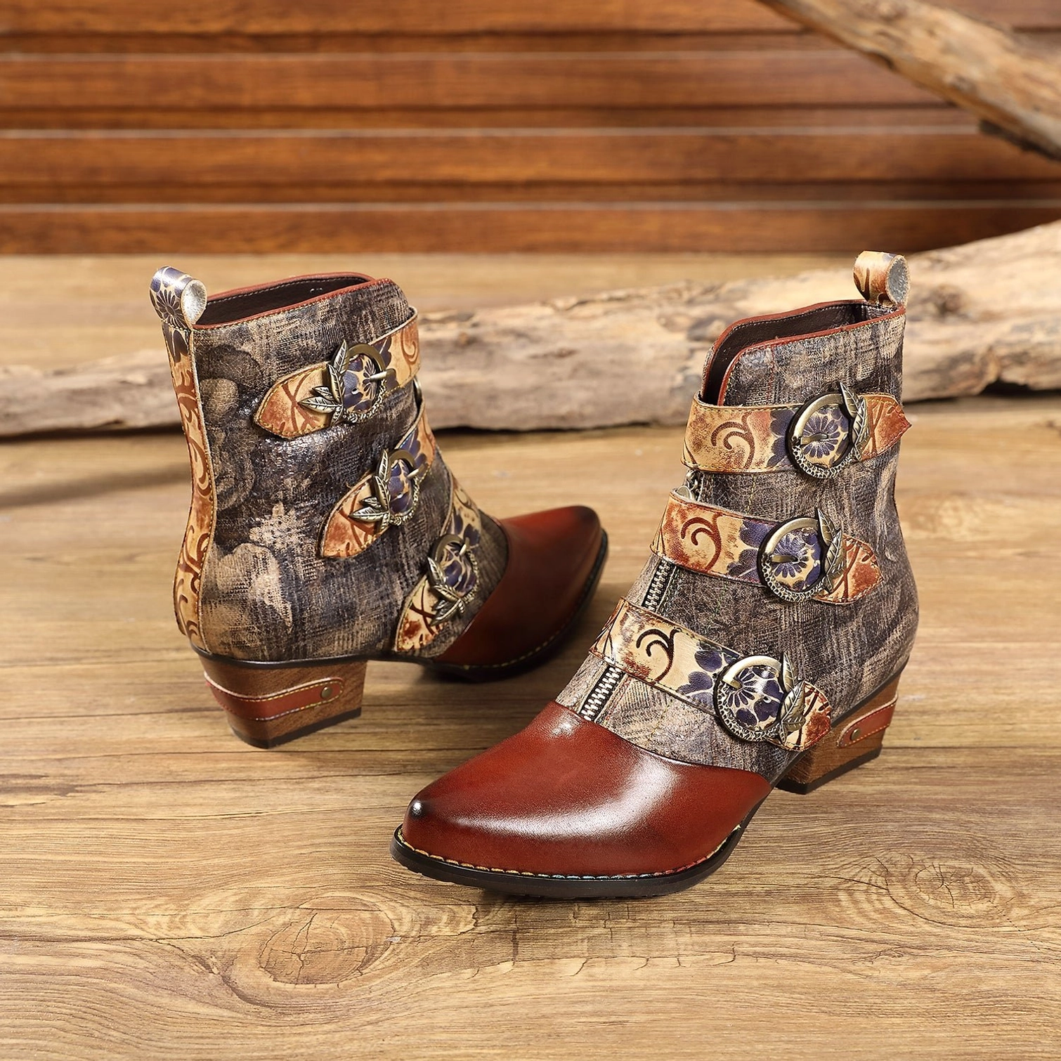 Steampunk ankle boots rear three-quarter view with camo-pattern upper and floral embossed details on back panels