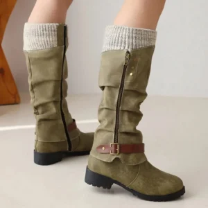 Olive green steampunk mid-calf boots rear three-quarter view displaying side metal zipper detail, black rubber lug outsole, and complete silhouette of these retro steampunk shoes