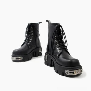 Pair of steampunk combat boots showing chunky lug sole with metal accents and detailed lace-up design from side view
