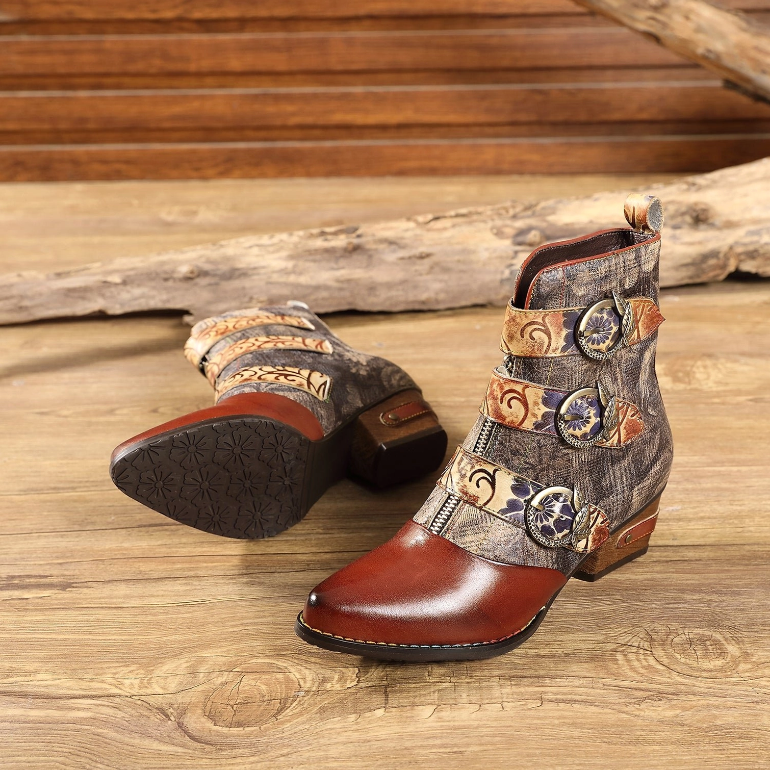 Steampunk ankle boots side and sole view showing mixed fabric leather upper with decorative buckles and boot sole construction