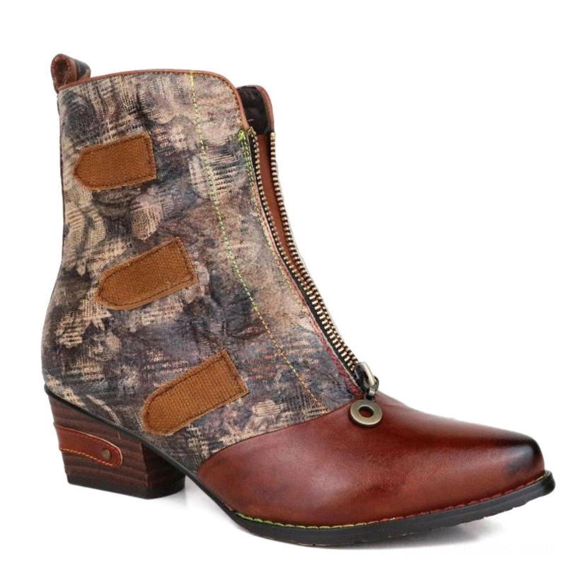Steampunk ankle boots side view featuring front leather toe cap, side zipper construction and patchwork design details