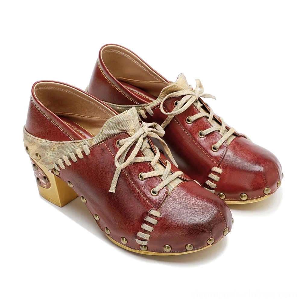 Steampunk heel boots side view showing tan leather laces and carved wooden heel with whipstitch details