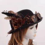 Steampunk bowler hat with copper spiked goggles, black felt, feathers and lace flowers—right profile view showcasing side details