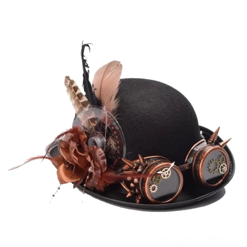 Top-down oblique view of steampunk bowler hat displaying curved brim, mixed feather accents, gears and flower decorative elements
