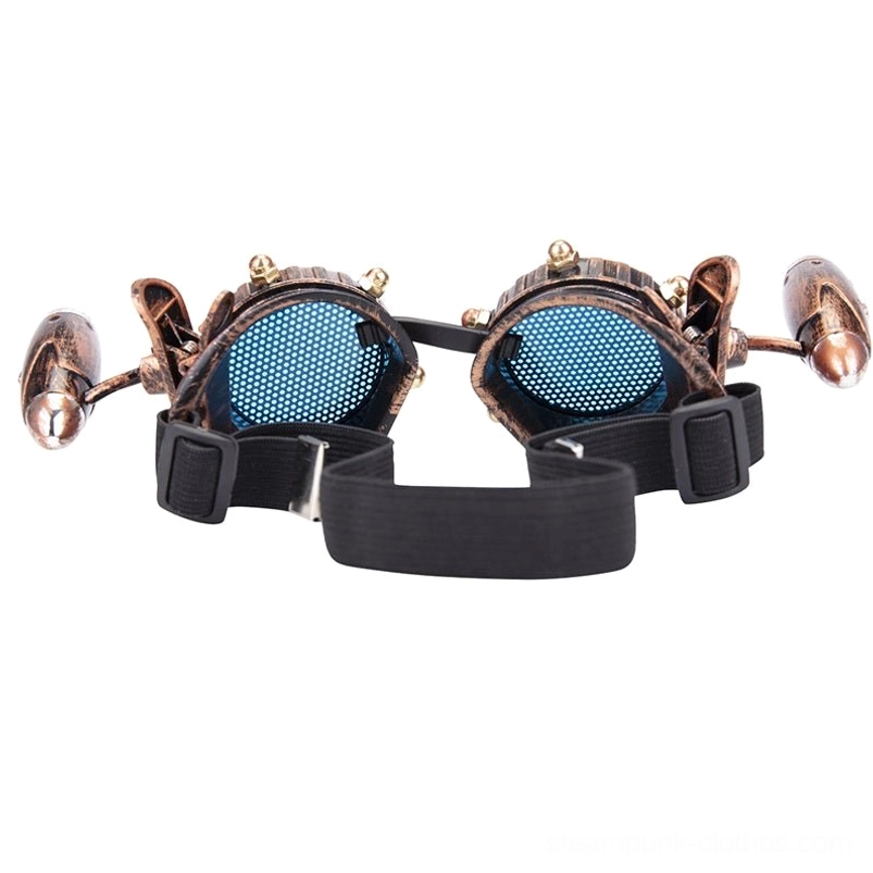 Overhead view of antique copper steampunk goggles showing adjustable elastic band, dark tinted polycarbonate mesh eyepieces, and integrated LED lamp positioning